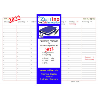 ZeitIno Kalender 2024, f&uuml;r Mulberry Agenda A6, 105x148mm, 2 Seiten / Woche
